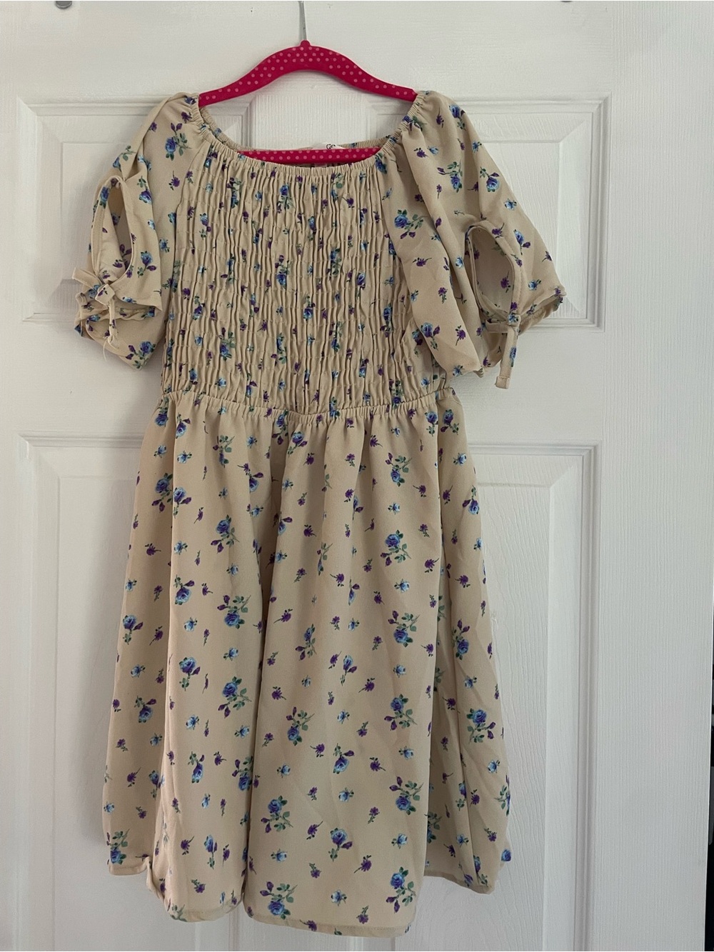Girls Beige Floral Smocked Dress